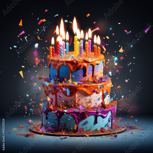 Tort urodzinowy, balony i konfetti