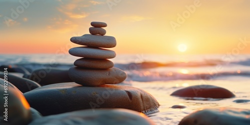 A stack of rocks sitting on top of a beautiful beach. Perfect for nature and relaxation concepts