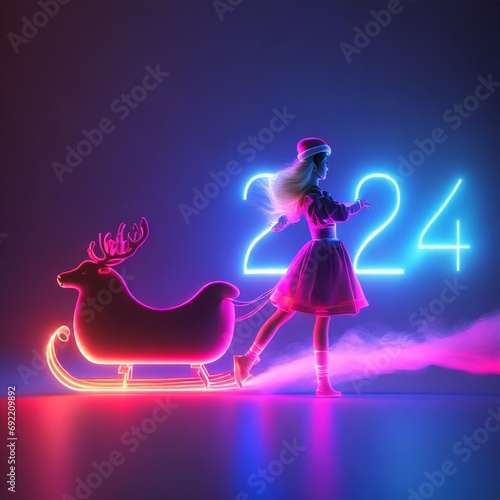 Neonfarbene Frau mit Renntierschlitten und Zahl 2024 im Hintergrund.