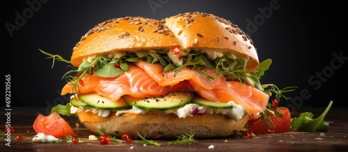 Bagel sandwich with smoked salmon cream cheese avocado and egg. Copy space image. Place for adding text or design