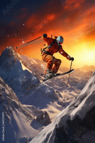 A person on skis jumping over a snowy mountain. Perfect for winter sports and adventure themes