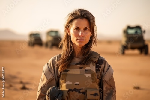 Portrait of a beautiful woman standing in the middle of the desert