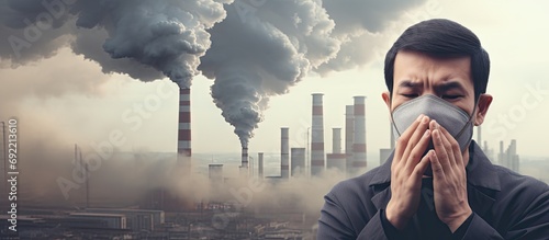 Asian man wearing the face mask against air pollution with hand catching the headache over over the Smokestack Factory with black smoke on the sky with cloud healthcare industry and pollution c