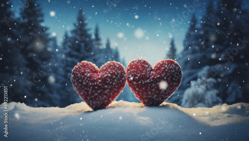 Christmas trees, snowing with a heart shape, in the style of, poignant, love and romance on Valentines day