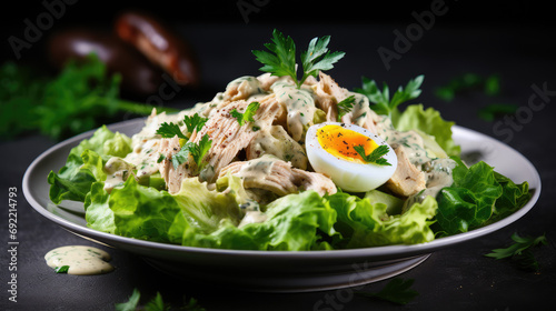 Trendy bound salad with lettuce leaves, avocado and chicken, egg and mayonnaise sauce. A recipe for a nutritious healthy salad that is high in protein.