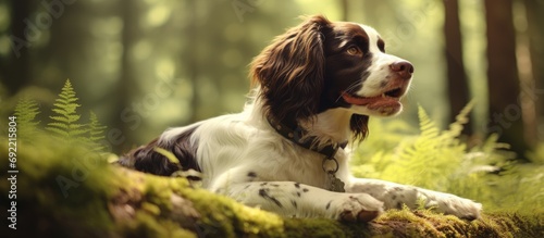 Beautiful dog english springer spaniel on a walk in the forest. Copy space image. Place for adding text or design