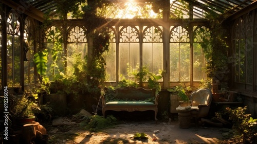 A decaying, Victorian-era greenhouse overtaken by ivy and creeping vines. Sunlight filters through the broken glass, illuminating the wild foliage within.