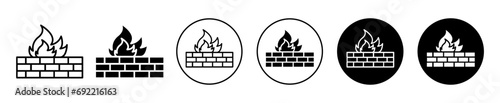 Brick wall and fire icon. winter Christmas eve wood burn to warm home mark. brick wall with fire or computer virus firewall security system symbol. hot indoor brick wall fire flame vector logo