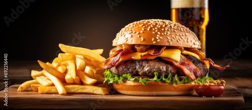 bacon cheeseburger on toasted pretzel bun served with fries and beer shot with selective focus. Copy space image. Place for adding text or design
