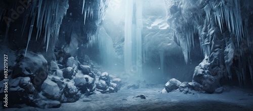 Beautiful long icicles of a frozen waterfall with water flowing and crashing down and Ice water dripping from the tips of icicles in a cold eery and moody atmosphere in a cave in the mountains
