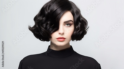 Beautiful Brunette Girl. Beauty Woman with Short Black Hair in fashion bob hairstyle, pretty women model portrait studio shot for hair salon, with copy space.
