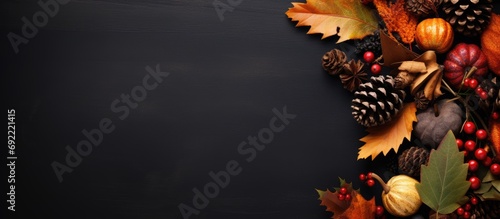 Autumn composition Gift autumn leaves cinnamon sticks anise stars pine cones on black background Flat lay top view copy space. Copy space image. Place for adding text or design