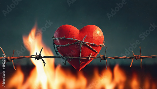 red heart symbol wrapped in barbed wire fence and the fire burning behind. Valentines day and love concept
