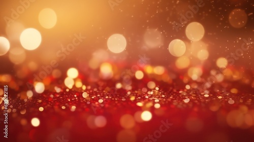 Abstract blurred background with Dark red and gold particle. Golden light shines particles bokeh on a red background. Holiday Christmas backdrop concept. 