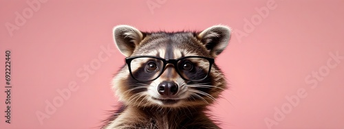 Studio portrait of a raccoon wearing glasses on a simple and colorful background. Creative animal concept, raccoon on a uniform background for design and advertising.