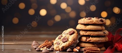 Appetizing cookies with chocolate and sprinkled with nut shavings useful homemade cookies the girl learns to bake at home and treat family and friends with her baked goods. Copy space image