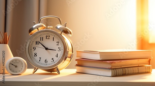 Gold alarm clock and book on table