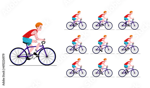 Cycling animation elements. Collection of sprites for animation frame by frame. Teenage boy rides bicycle and pedals. Design for game. Cartoon flat vector illustration set isolated on white background