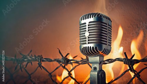 retro microphone wrapped in barbed wire fence and the fire burning behind