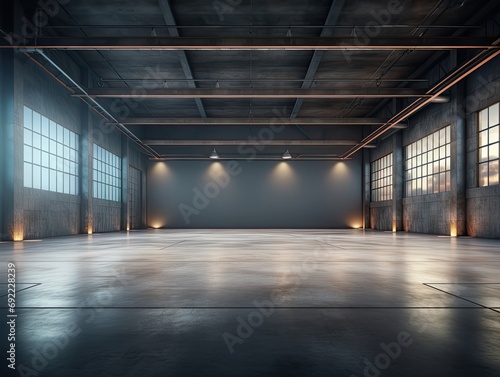 Blank empty warehouse with glowing glowing lights in the corner