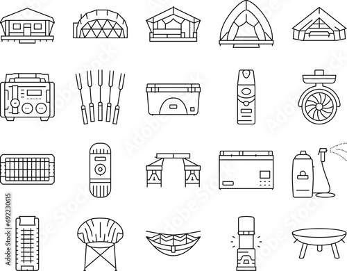 glamping tent nature luxury icons set vector. forest africa, barbecue glamour, camp, campfire bubble, chair beach, vacation glamping tent nature luxury black contour illustrations