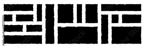 Set of grunge jagged rectangle shape. Black torn paper sheet for sticker, collage, banner. Vector illustration isolated on white background.
