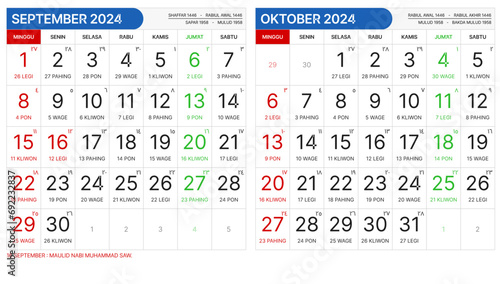 Simple calendar set for September - October 2024. Simple editable vertical vector calender