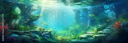 Underwater Seascape Panorama in Oil Painting Style - For Background, Poster, Wall Art, Wallpaper 