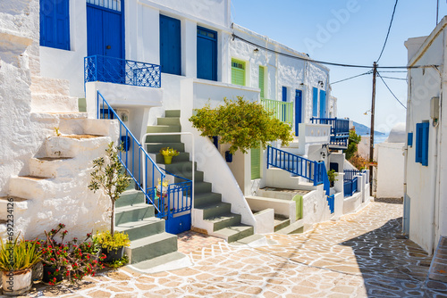 Narrow streets with typical Greek style architecture in Kimolos village, Kimolos island, Cyclades, Greece