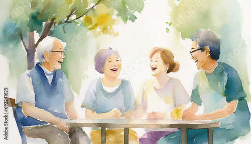 机で向き合って笑い合う高齢者たちの水彩イラスト