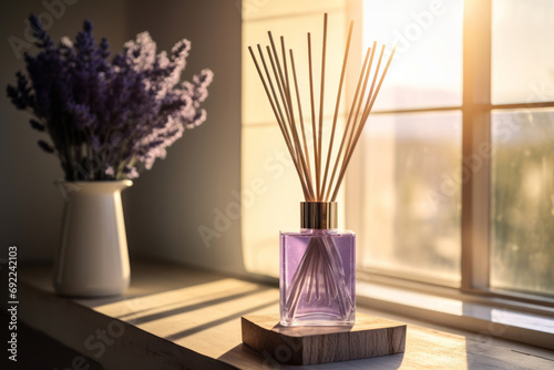Lavender reed diffuser in pastel purple bottle on wooden sunny windowsill. Home made spa, skincare and cosmetology concept.