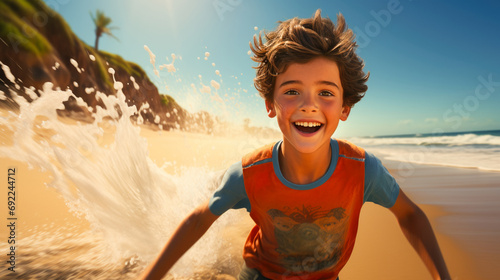 Dynamic beach activity with a boy, running with a boogie board towards the waves, surfboard sticking out of the sand, sunscreen summer, energetic and sun. Generative ai.
