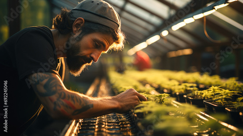 Harvesting season in a marijuana cultivation business, close-up shot, workers trimming cannabis buds, large drying racks in the background, meticulous attention to quality, warm. Generative ai