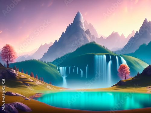 paisaje de montaña realista con lago y una cascada al fondo tonos pastel