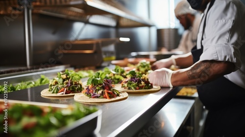 Gourmet Taco Extravaganza: Chef in Commercial Kitchen Close-Up, Skillfully Preparing Tacos for Service, Unveiling a Visual and Flavorful Feast with Emphasis on Artful Plating.