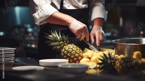 Exotic Elegance: Professional Chef Cutting and Preparing a Pineapple, Demonstrating Culinary Artistry and Expertise in Crafting a Fresh and Delicious Tropical Presentation