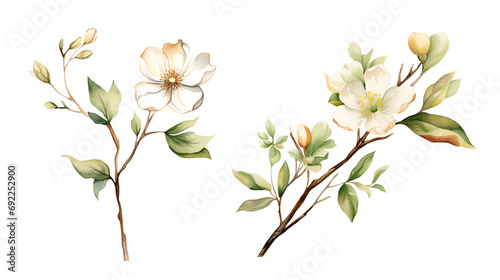 Branch flower, watercolor clipart illustration with isolated background.