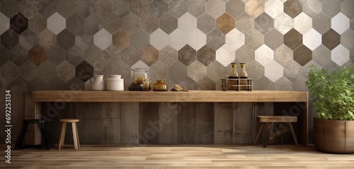 Immerse yourself in the vintage charm of old brown and gray porcelain stoneware tiles, showcasing a worn and rustic geometric mosaic, perfect for a shabby chic background banner panorama.