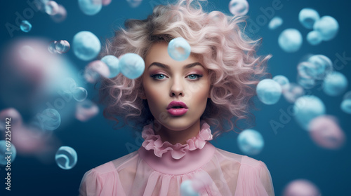 Girl blowing spam bubbles blue style magazine look