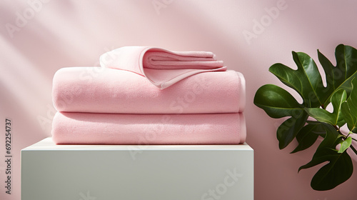 綺麗に畳んで重ねられたピンクのタオル