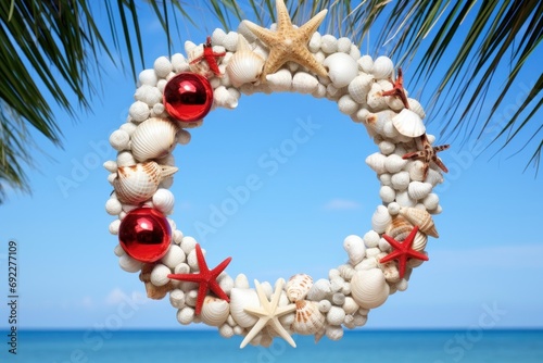 A shell wreath hanging from a palm tree, embodying a beachside Christmas celebration against a clear blue sky and ocean backdrop.