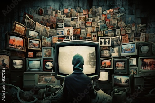 A lone observer stands amid a collage of antique televisions, symbolizing the overwhelming flood of historical media narratives