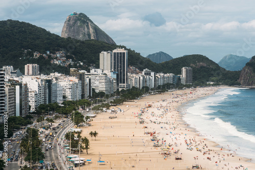 High perspective view of Copacabana Beach in Rio de Janeiro, Brazil with Sugarloaf mountain visible in the far background