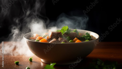 Healthy beef stew with fresh vegetables, steaming on rustic crockery generated by AI