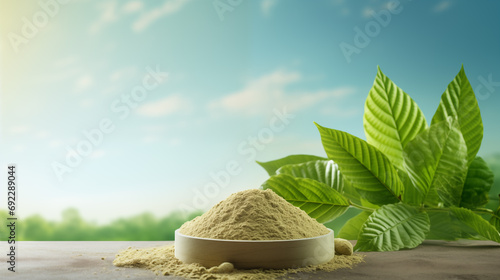 Mitragyna speciosa (kratom) leaves with powder in the wooden cup on sky background