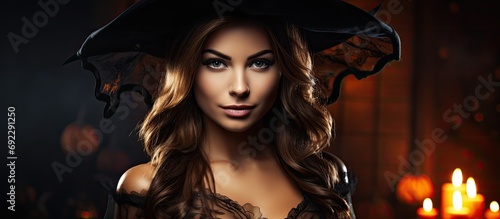 Gorgeous woman in witch costume attending Halloween party on October 31.