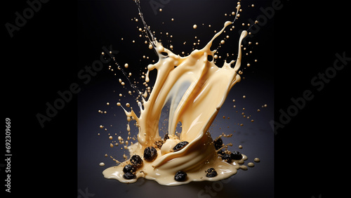splash of milk mixture with honey and black cumin. photo realistic