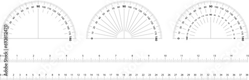 Degree protractor and ruler scales for measuring angle, size, length and height. Semicircle round gauge and cm or inch meter tape math tools
