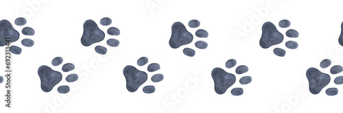 Dog paw seamless border. Black puppy or cat paw track. Abstract endless animal background
