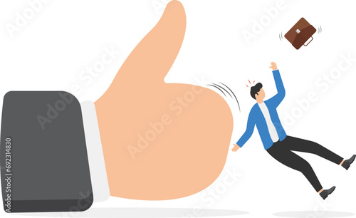 Success trap, business company never thinking for adaptation or neglect to pursue and gain new knowledge for long-term viability concept. Businessman entrepreneur falling down form big thumb up sign. 